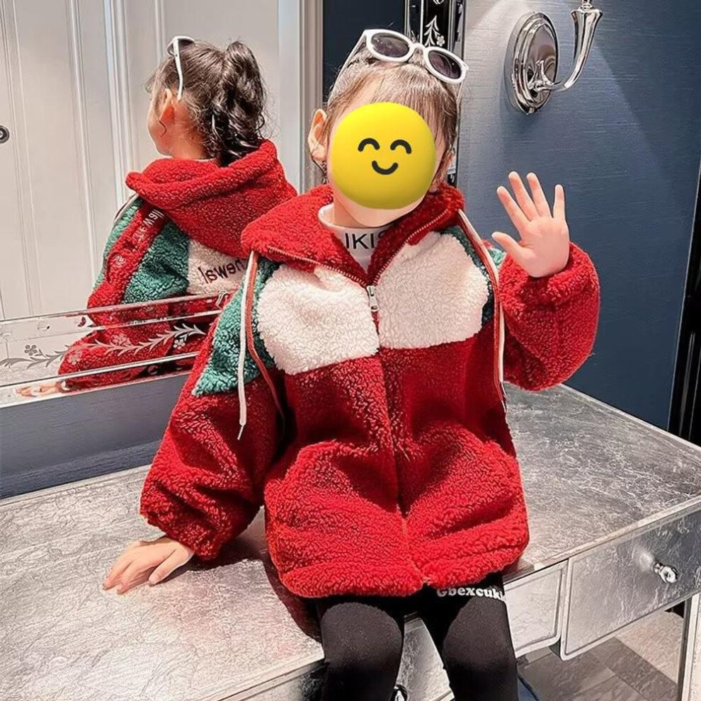 (red, 130 cm) "2024 Girls' Spring Lambswool Coat: Thick, Warm, and Stylish Winter Wear