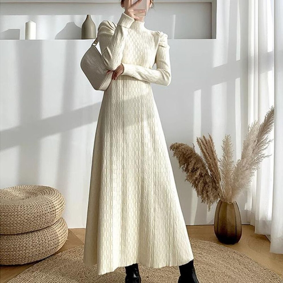 (off-white, One size) "2024 A/W High Waist Knit Sweater Dress with High Neck and A-Line Skirt