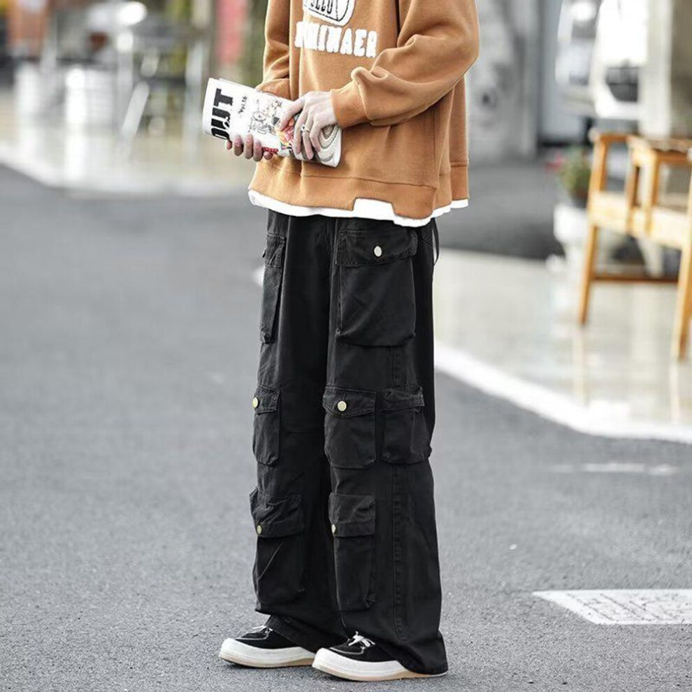(black, 2XL) "Men's Versatile Retro High Street Wide Leg Trousers with Multi-Pockets