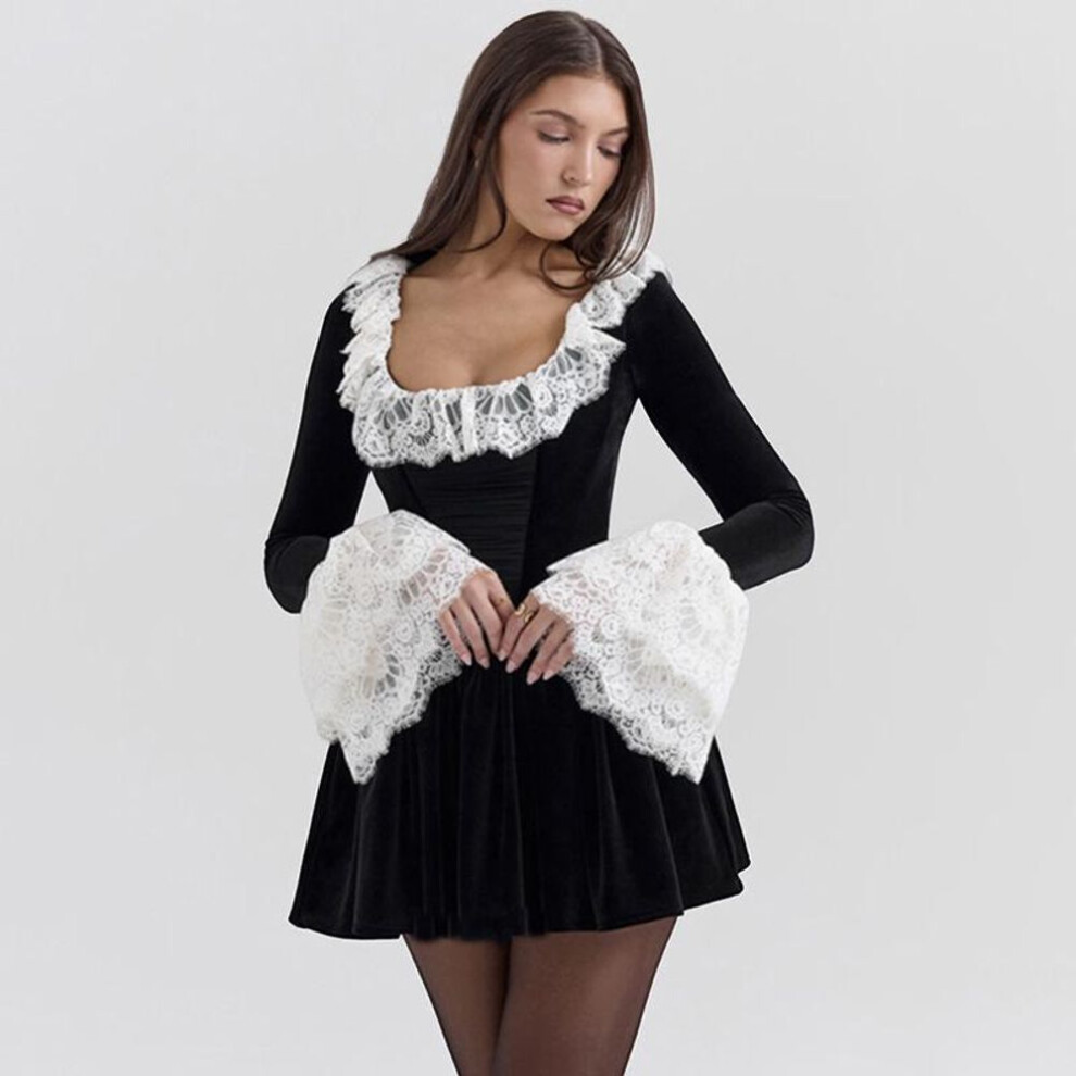 (black, Small) "2024 Autumn/winter Black Velvet Lace Square-neck Mini Dress