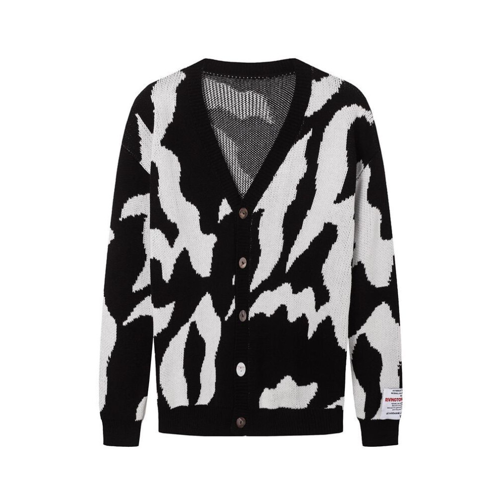 (black, Large) "Fashion Brand RRR123 Unisex Black & White Contrast Jacquard V-Neck Knitted Sweater Cardigan