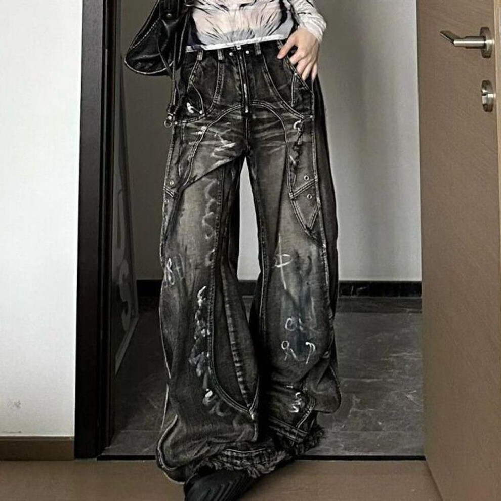 (black gray, Medium) "Unisex Retro Graffiti Wide-Leg Jeans - American High Street Style