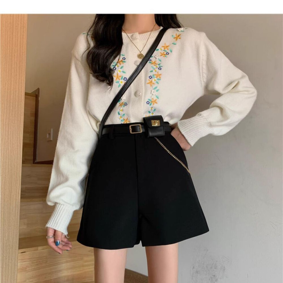 (black, L) "2023 Women's Woolen Wide-leg Shorts: High-waist, Slim A-line Design For Casual Autumn/winter Wear With Boots