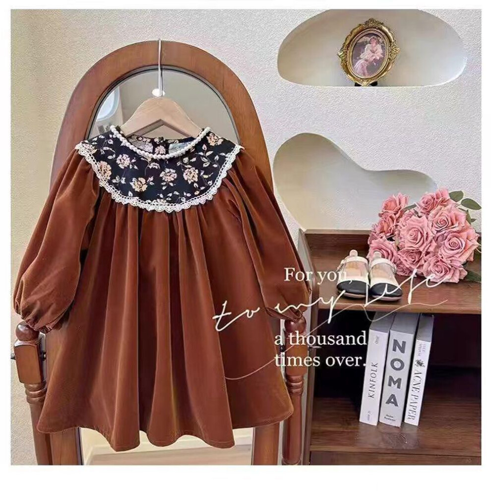 (coffee, Size 90) Hepburn-style Retro Velvet Floral Princess Dress For Girls - Long-sleeved, Perfect For Spring And Autumn, Korean Design.