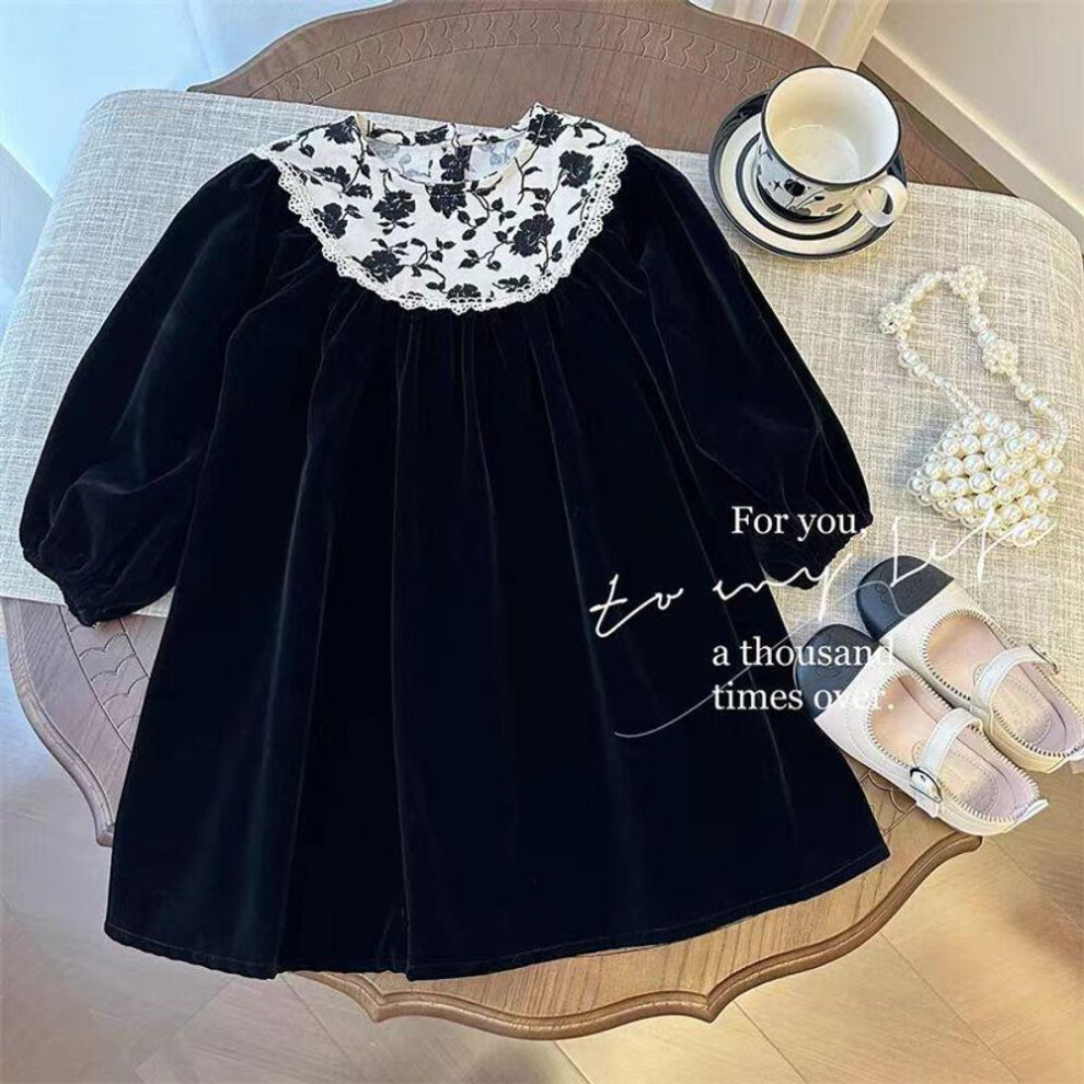 (black, Size 120) Hepburn-style Retro Velvet Floral Princess Dress For Girls - Long-sleeved, Perfect For Spring And Autumn, Korean Design.