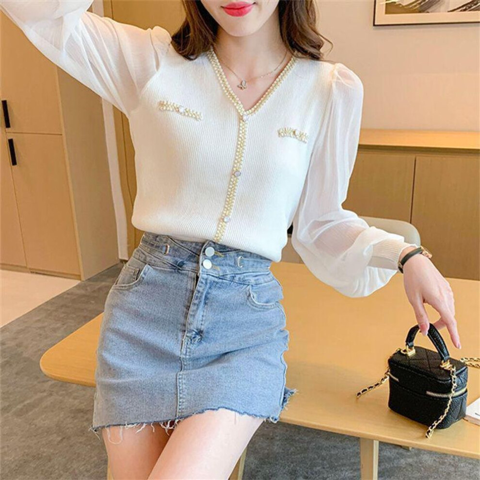 (white, Medium) "2023 Trendy French Chiffon Puff Sleeve Shirt for Women