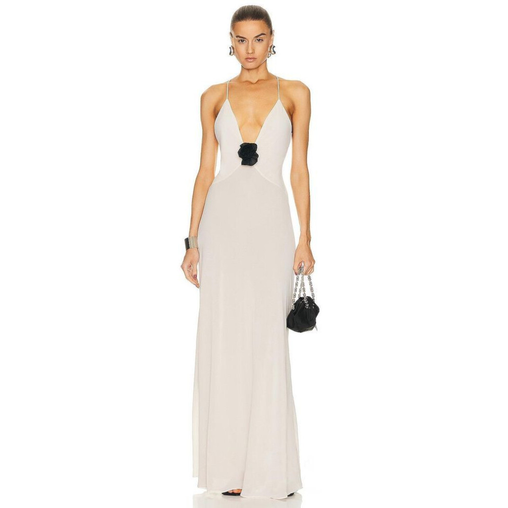 (white, Large) 2024 European & American Style V-Neck Splicing Backless Chiffon Suspender Dress for Women