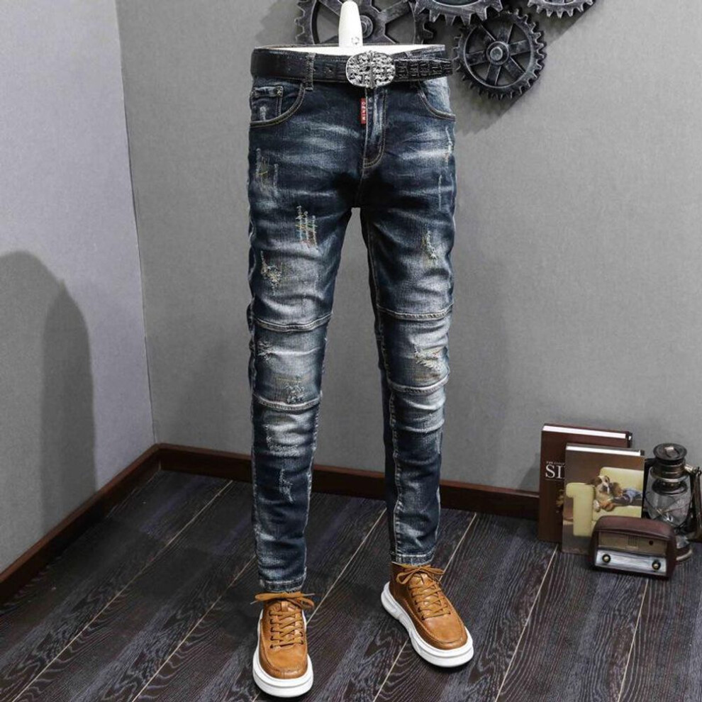 (32) Men's Slim Fit Jeans - Vintage Washed Blue & Black with Embroidery, European & American Street Style