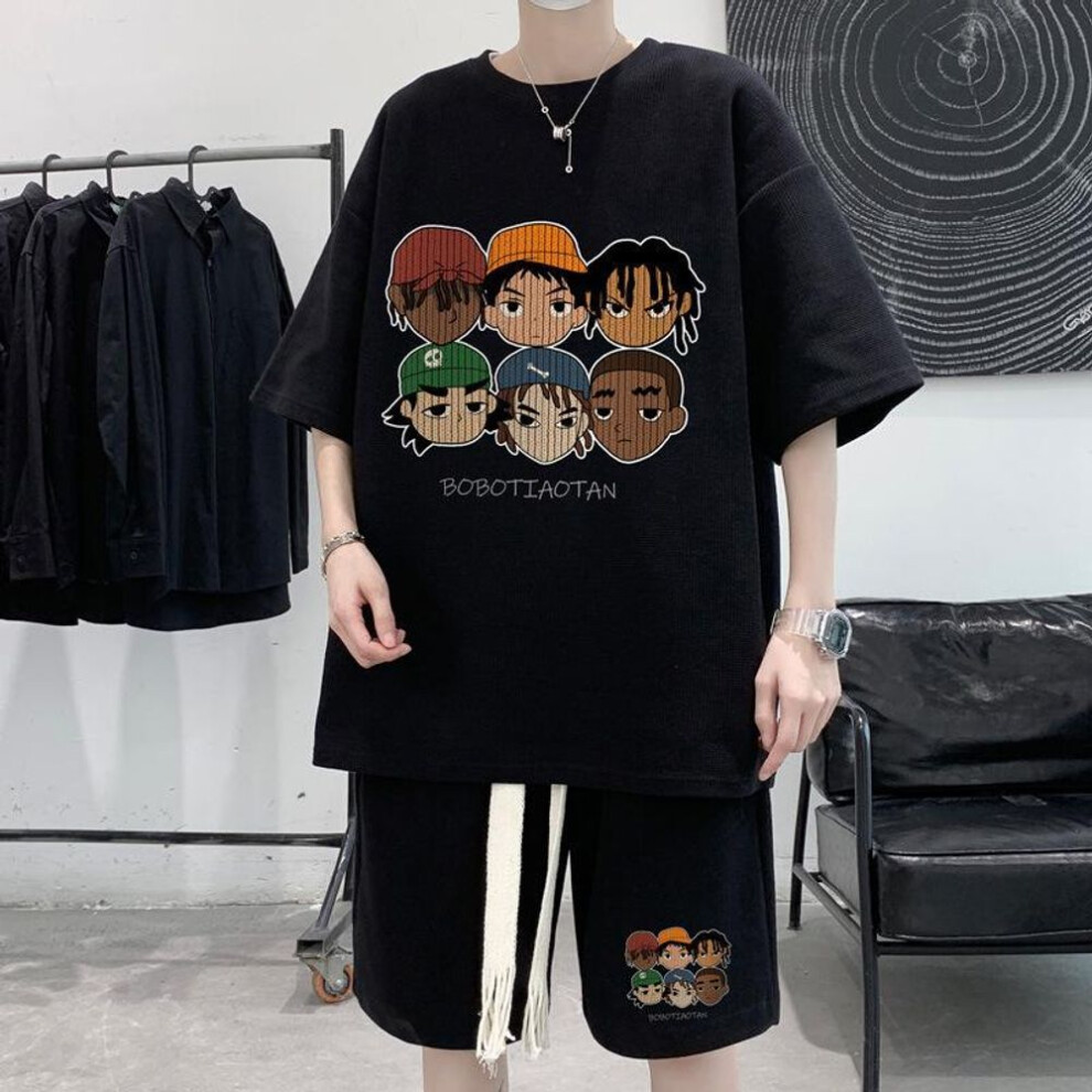 (black, 5XL) Men's Retro Hip-Hop Waffle Sports Suit - Trendy Short-Sleeve T-Shirt & Shorts Set