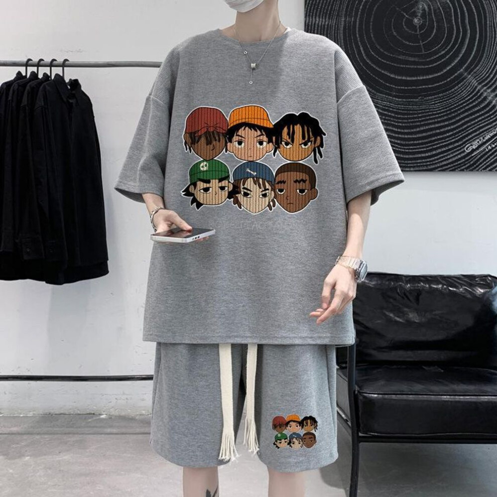 (light gray, L) Men's Retro Hip-Hop Waffle Sports Suit - Trendy Short-Sleeve T-Shirt & Shorts Set