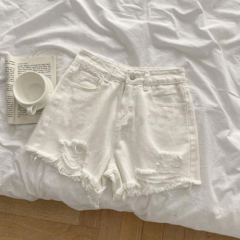 (white, S) Women's Summer 2022 Loose Wide-leg Ripped Denim Shorts - Versatile, Slimming, Raw Edge Hot Pants Trend