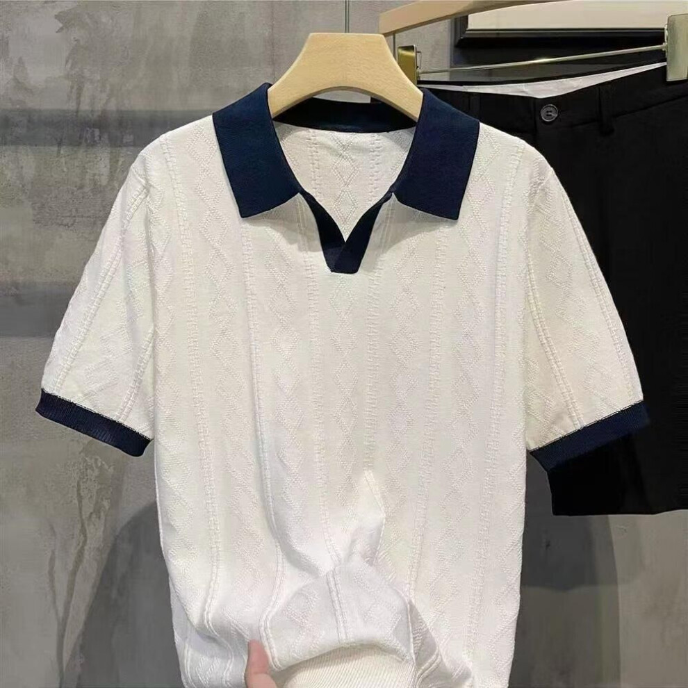 (white, 3XL) Men's Summer Knitted Slim Fit Polo Shirt - Korean Style, Short-Sleeve, Pure Color, Ice Silk with Casual Lapel