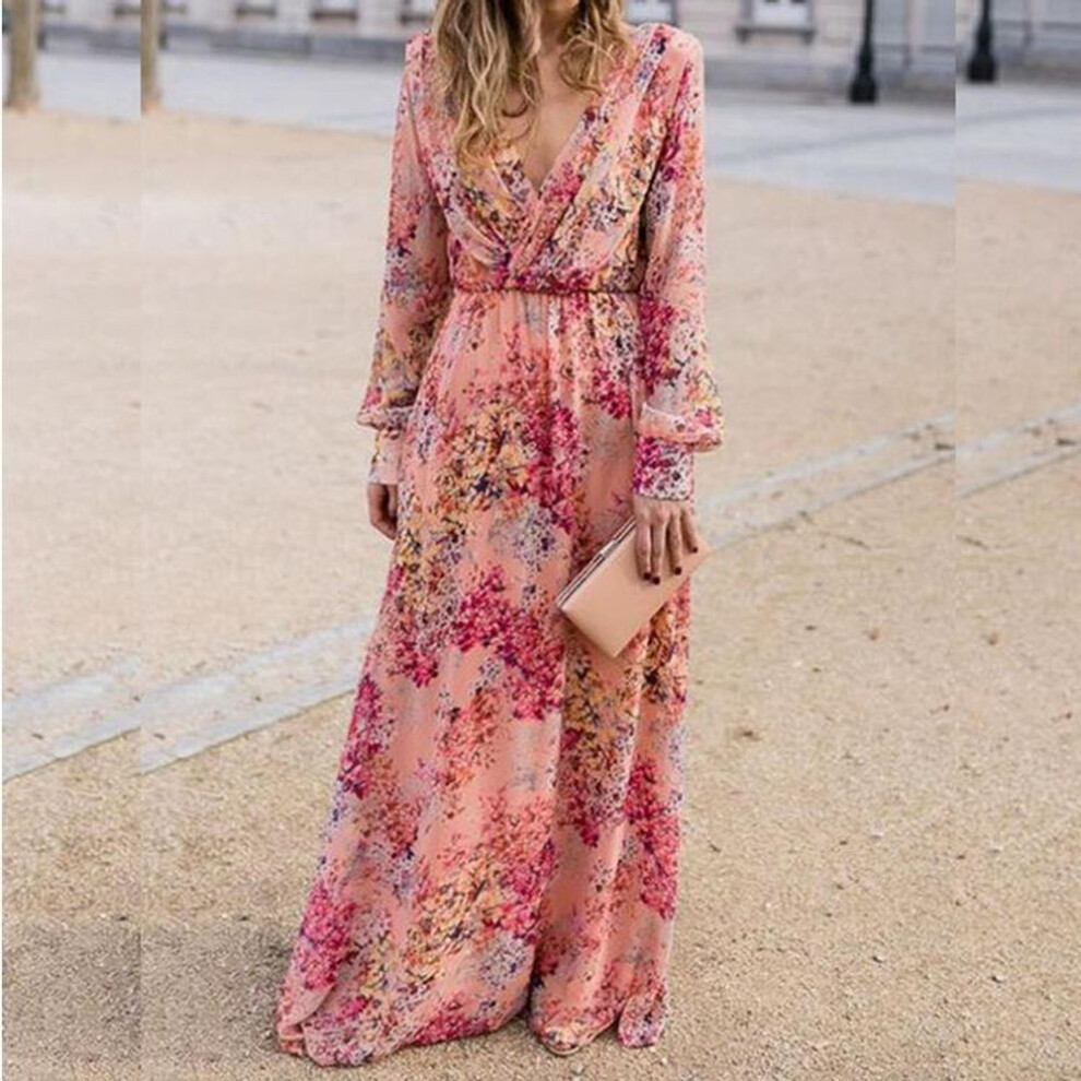 (pink, M) 2025 Summer Women's Cross-Border Slim Dress - Sexy Tie Collar, Print, Waist, Big Swing Design.