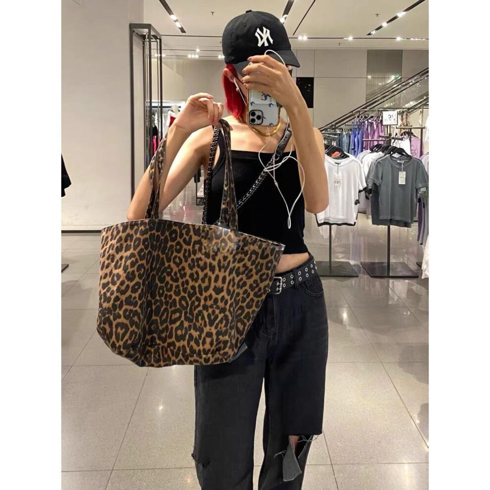 (leopard print) "za 2022 Women's Large Leopard Print Canvas Tote Shoulder Bag