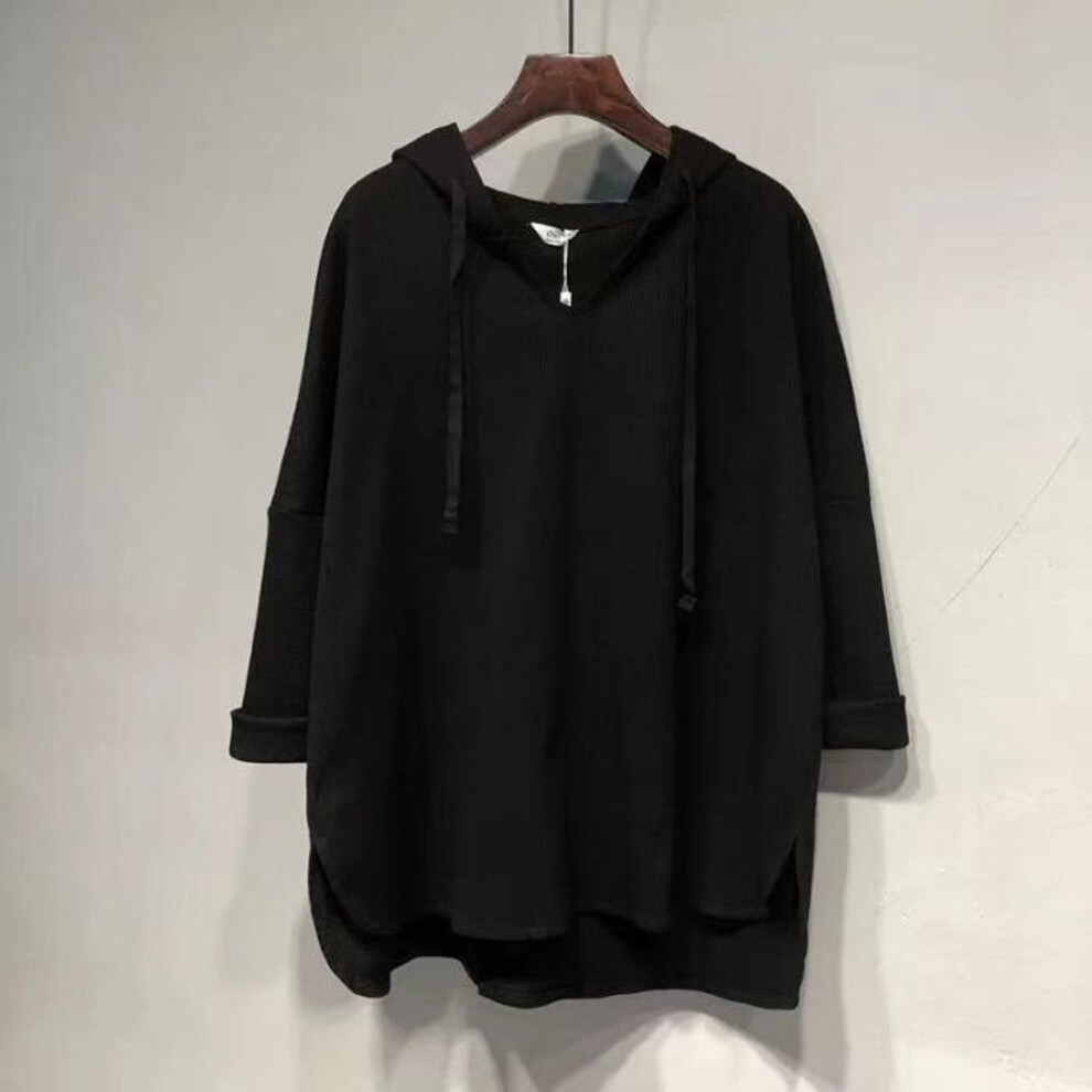 (black, 2XL (Recommended 160-200 lbs)) Women's 2023 XL 300lb Hooded Mid-Length Loose Slim Long-Sleeve T-Shirt for Spring and Autumn