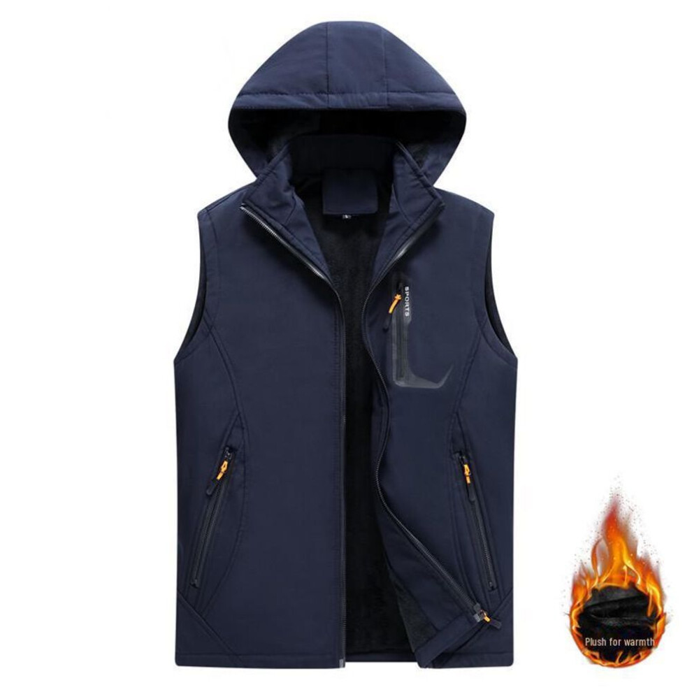 (dark blue, 3XL) Men's Trendy Slim Hooded Vest: Outdoor Autumn/winter Plus Velvet Thickened Waistcoat For Warmth