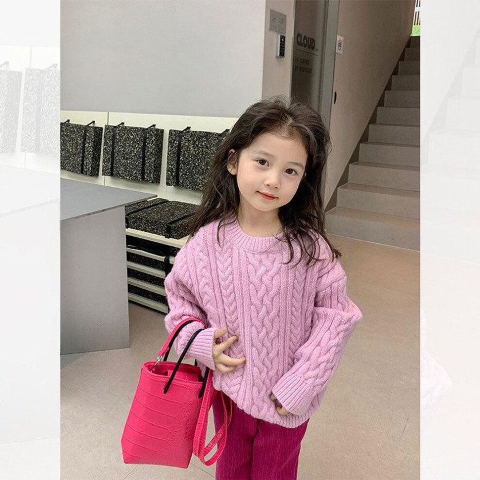 (pink, 130) "2024 Girls' Korean Style Long-sleeve Solid Color Sweaters - High-end Autumn/winter Design For Little Girls