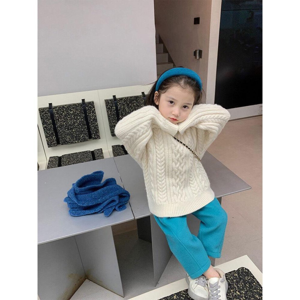 (off-white, 100) "2024 Girls' Korean Style Long-sleeve Solid Color Sweaters - High-end Autumn/winter Design For Little Girls