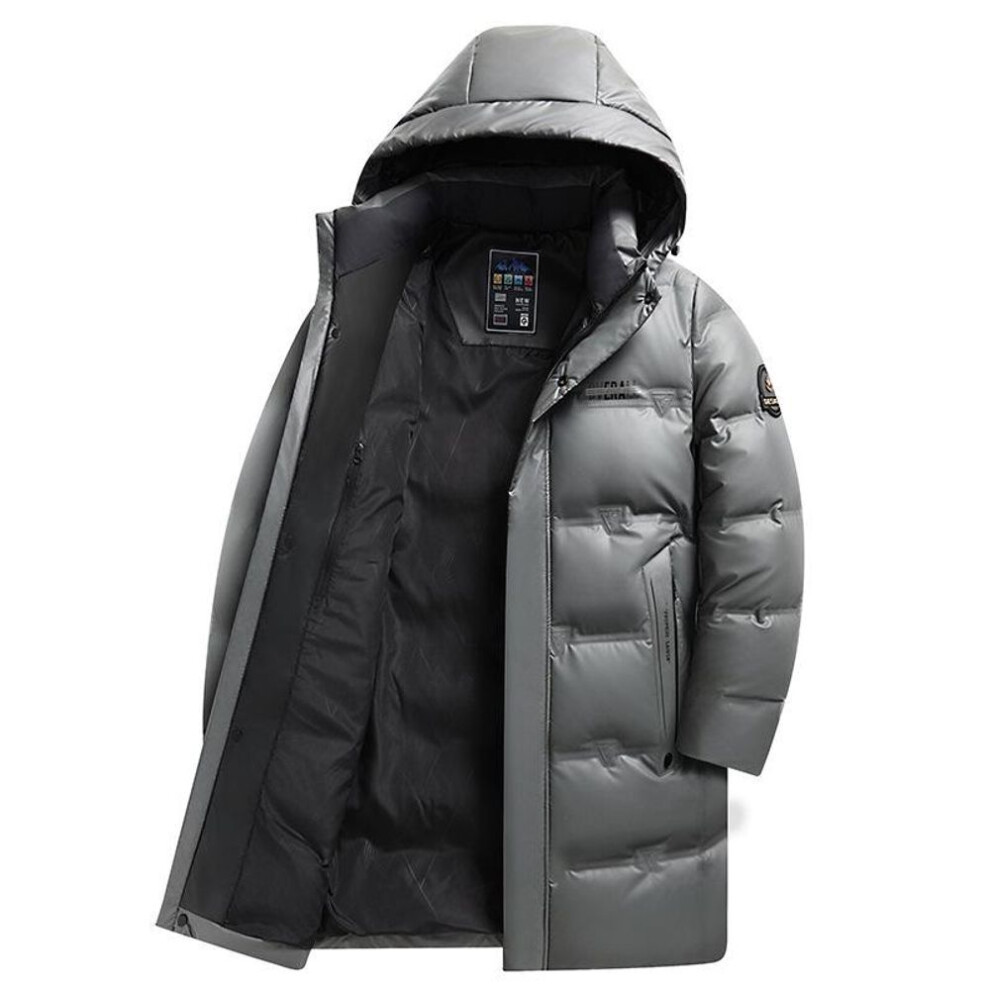 (gray, XXL) "Men's Winter 2024 White Duck Down Hooded Mid-Length Jacket