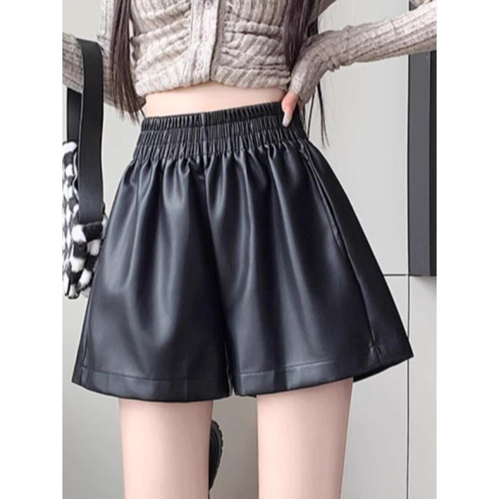 (black, L) Women's High-Waist A-Line PU Leather Shorts - Brown, Autumn/Winter 2023, Fashionable Slim Wide-Leg Design for Outerwear with Boots.
