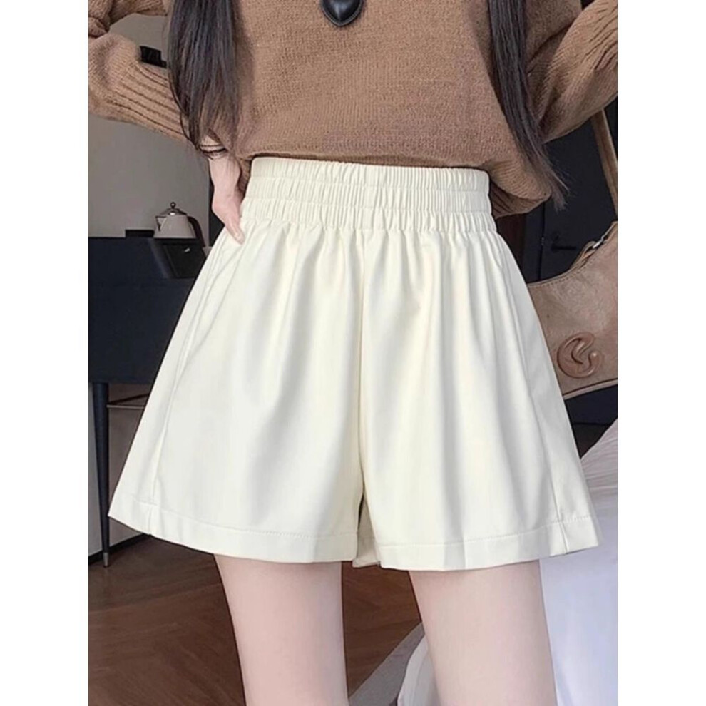 (beige, M) Women's High-waist A-line Pu Leather Shorts - Brown, Autumn/winter 2023, Fashionable Slim Wide-leg Design For Outerwear With Boots.