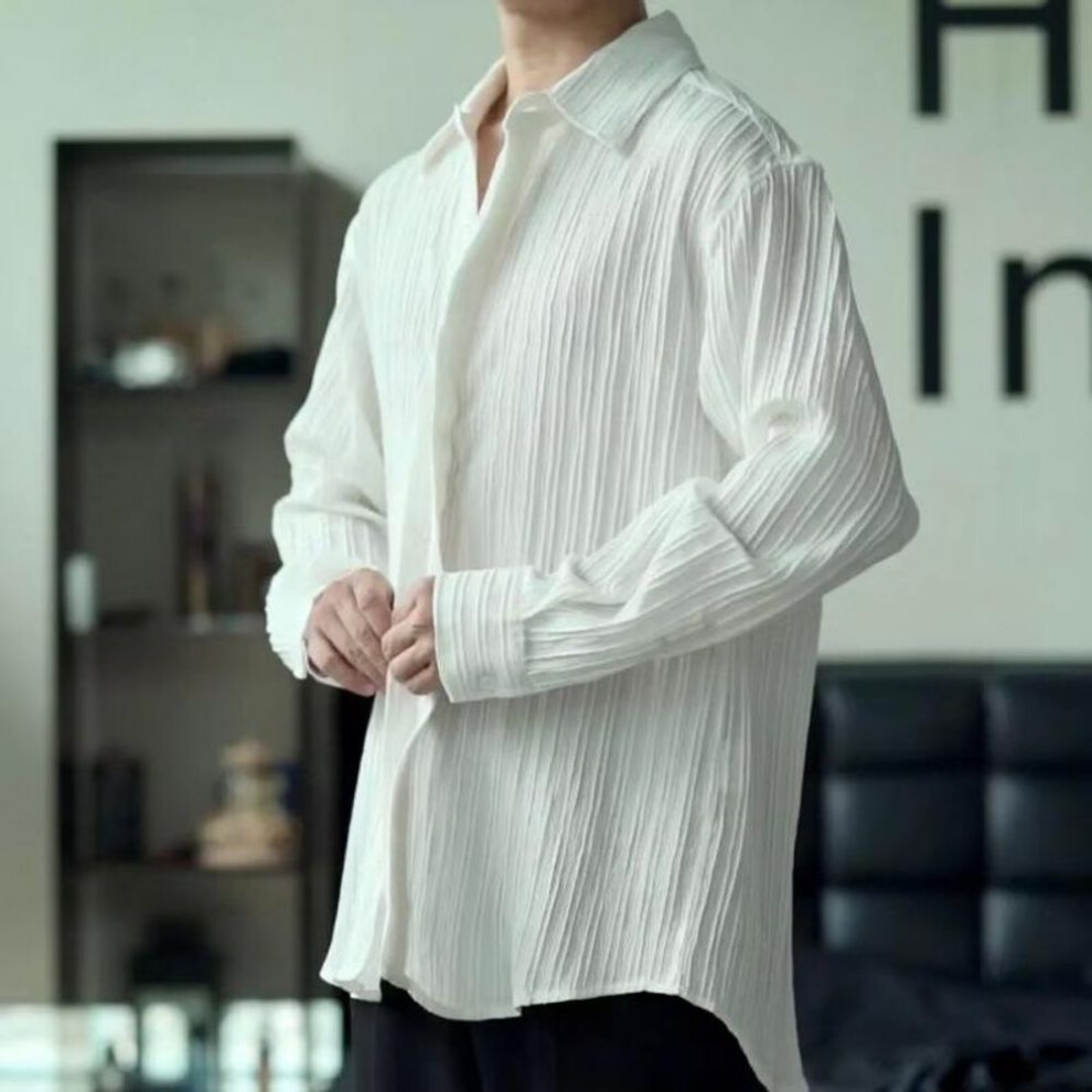 (white, L) Men's Japanese Striped Long-Sleeve Shirt - Spring/Autumn, Trendy Hong Kong Style, Korean Inspired, Casual Couples' Jacket