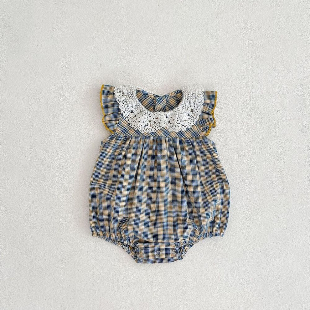 (apricot,blue, 90 cm) 2024 Summer Cotton Lace Collar Baby Girl Romper with Flying Sleeves