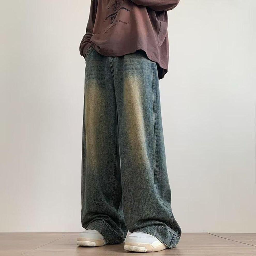 (S) Men's Distressed Washed Jeans - Trendy Loose Straight Wide-Leg Trousers for Spring & Autumn.