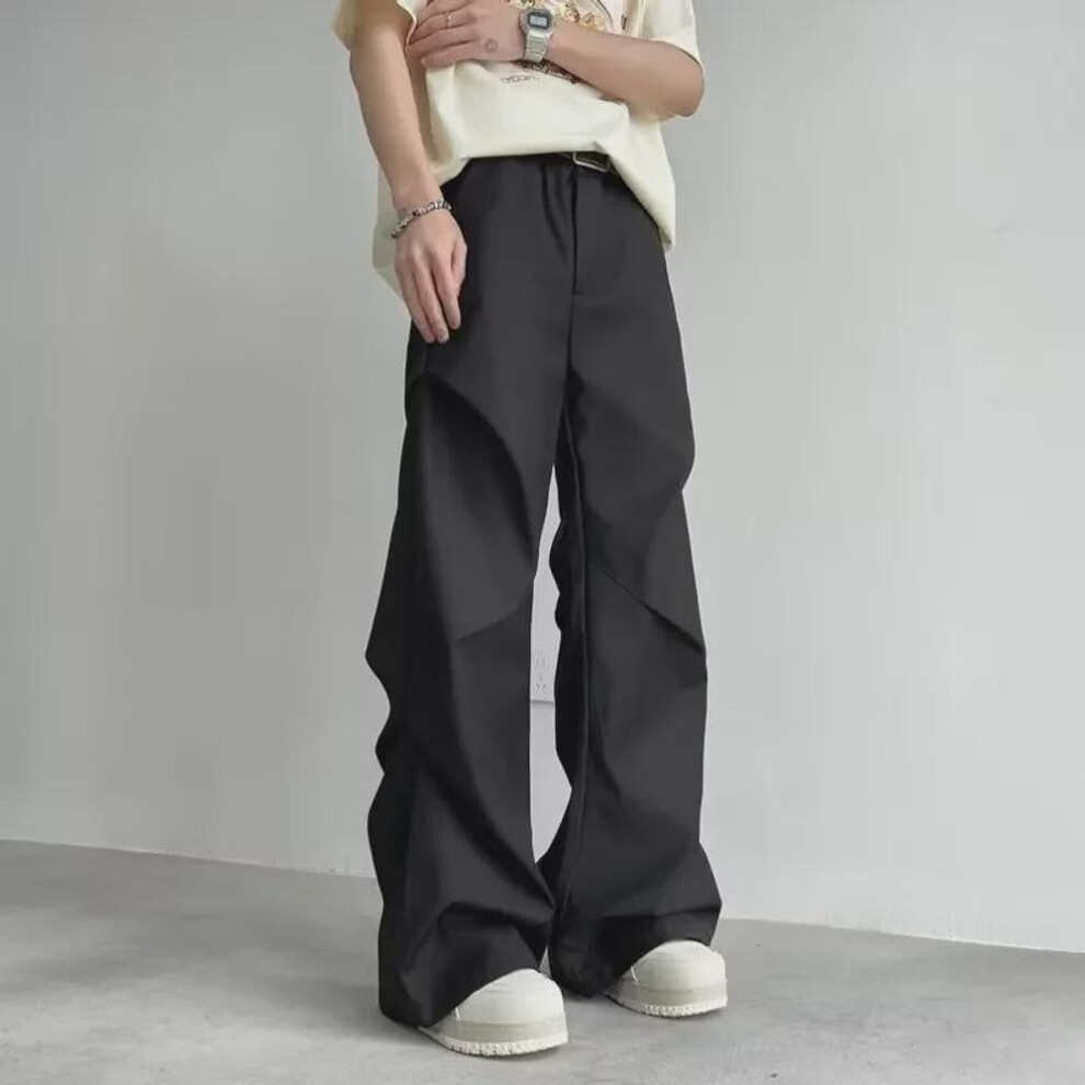 (black, XL) Men's American Retro Pleated Wide-Leg Flared Trousers