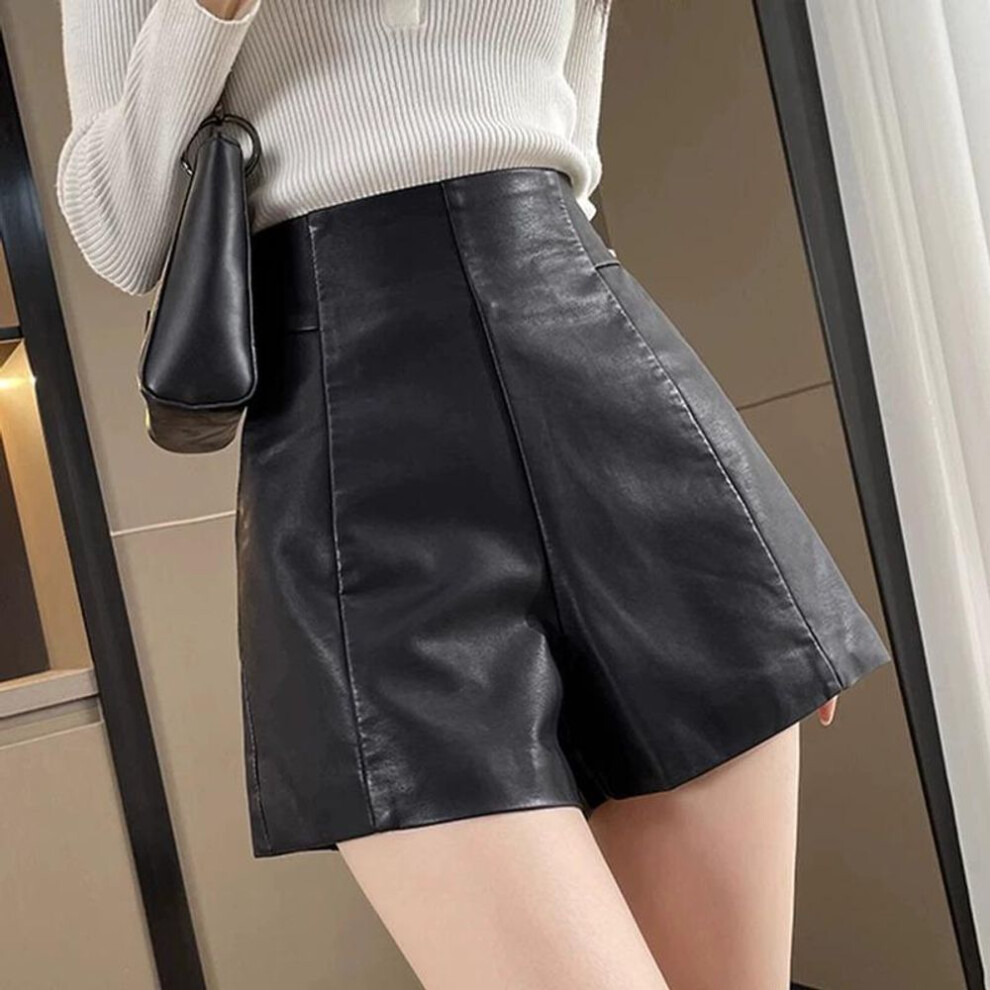 (black, M) High Waist Black Pu Leather Wide-leg Boots Pants - Women's Slim Fit Shorts For All Seasons