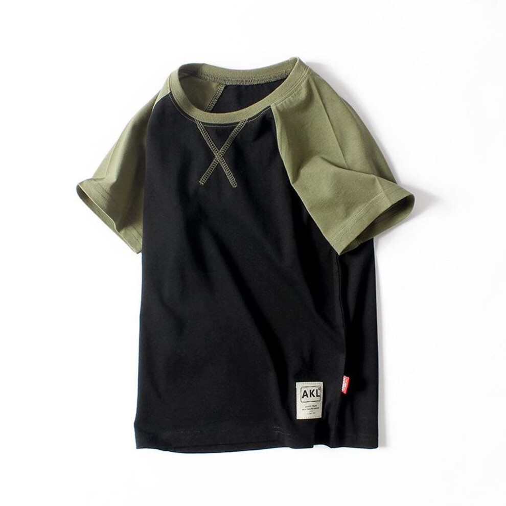 (black, 140 cm) 2024 Korean Kids' Short-Sleeve Contrast Tops - Girls' & Boys' T-Shirts