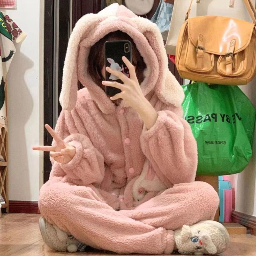 (XXL) Cute Cartoon Bunny Coral Fleece Pajamas For Women - Soft Flannel Homewear, Perfect For Autumn And Winter