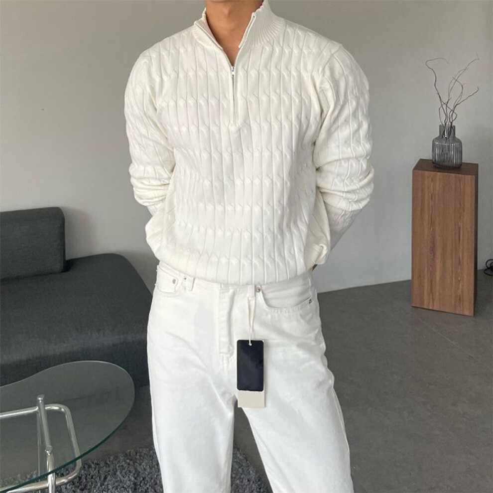 (white, 2XL) Men's High-end White Half-turtleneck Zipper Knit Pullover Sweater, Fashionable And Versatile Long-sleeved Jacket