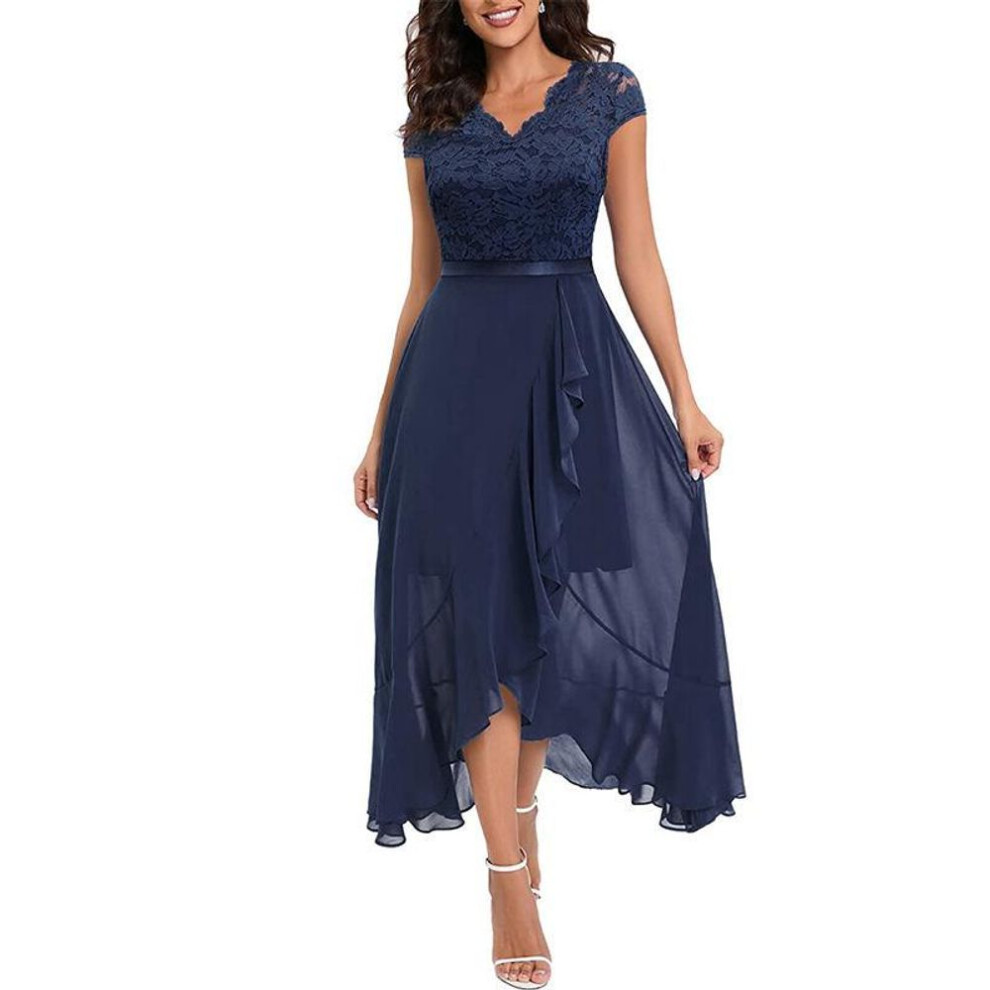 (navy blue, XXL) "European & American Party V-Neck Sleeveless Lace Mesh Dress