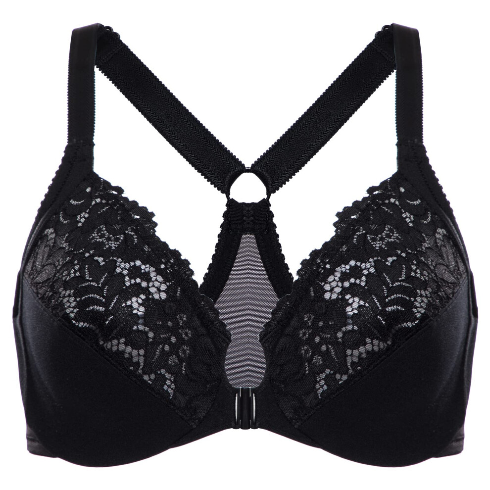 DELIMIRA Soutien-gorge dos nageur     armatures et fermeture devant pour femmes, grande taille, couverture compl   te, noir 34E