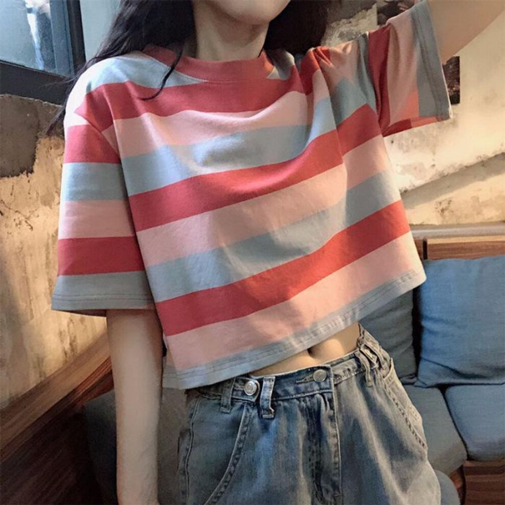 (pink, L) Women's Korean Loose Rainbow Striped Crop Top - Summer Trendy Short-Sleeved T-Shirt for Students