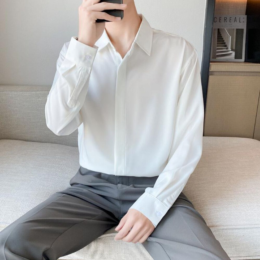 (white, Large) "Men's British-Style Elegant Coffee-Colored Ice Silk Chiffon Autumn Shirt with Long Sleeves