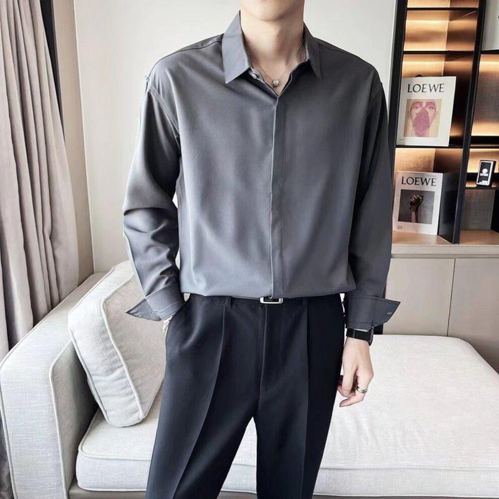 (blue-gray, Double Extra Large) "men's British-style Elegant Coffee-colored Ice Silk Chiffon Autumn Shirt With Long Sleeves