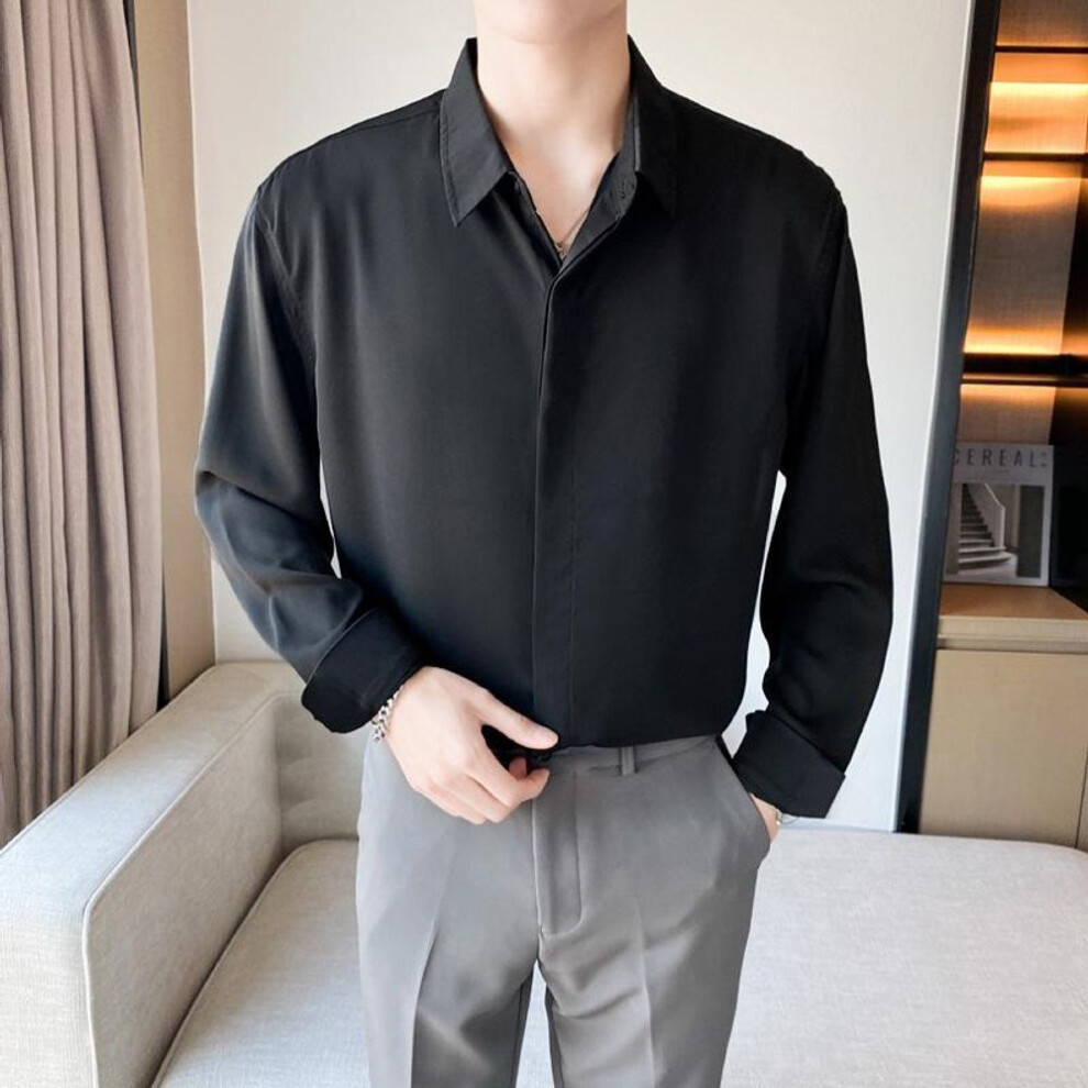 (black, Extra Large) "Men's British-Style Elegant Coffee-Colored Ice Silk Chiffon Autumn Shirt with Long Sleeves