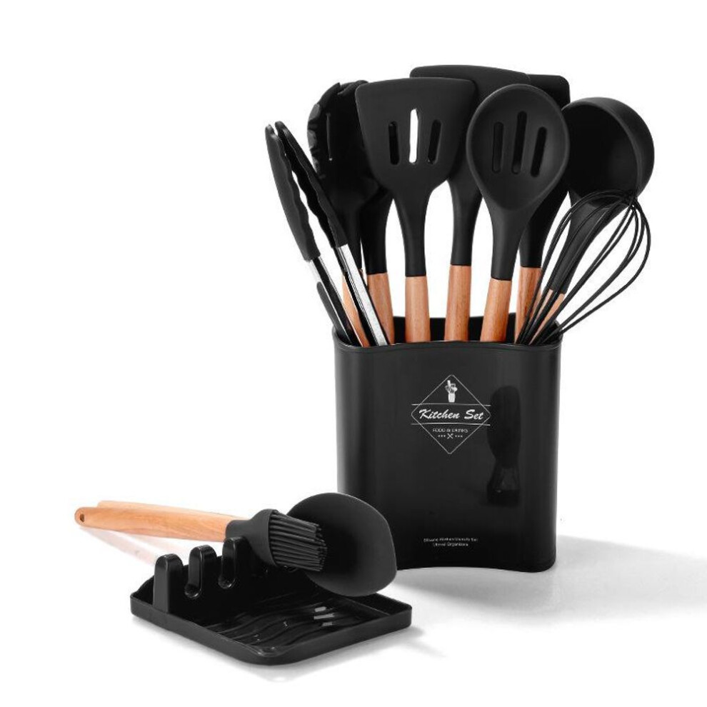 (black) 12-Piece Non-Stick Pan Set with Wooden Handles: Includes Pot, Spatula, Soup Spoon, and Frying Spatula - Silicone Kitchen Tools
