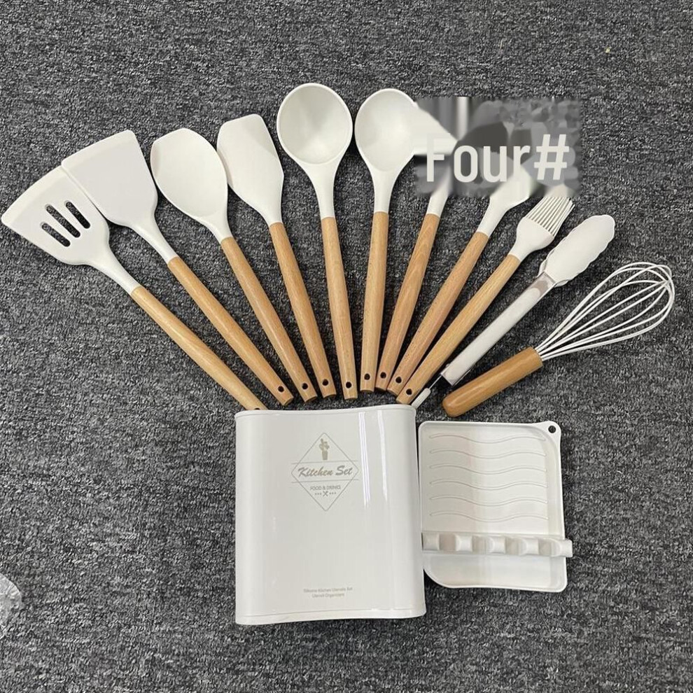 (white) 12-piece Non-stick Pan Set With Wooden Handles: Includes Pot, Spatula, Soup Spoon, And Frying Spatula - Silicone Kitchen Tools