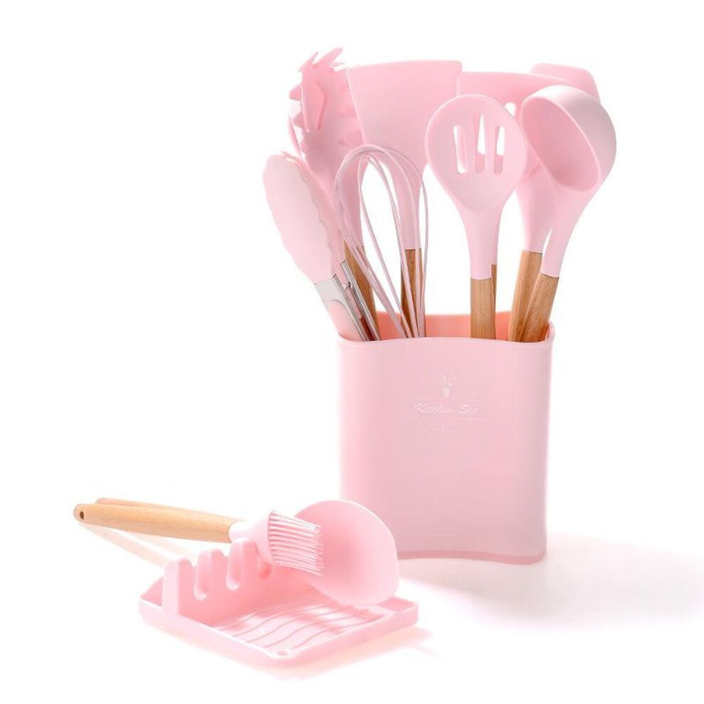 (pink) 12-Piece Non-Stick Pan Set with Wooden Handles: Includes Pot, Spatula, Soup Spoon, and Frying Spatula - Silicone Kitchen Tools
