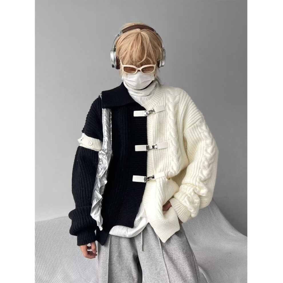 (black, L) Men's New High-Grade Contrast Stitching Cardigan - Loose, Warm Knitted Sweater for Autumn/Winter