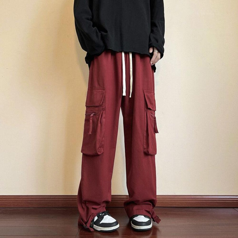 (red, Double Extra Large) Men's Autumn Red Hip-hop Wide Leg Overalls - Trendy, Loose, Casual Straight Pants.