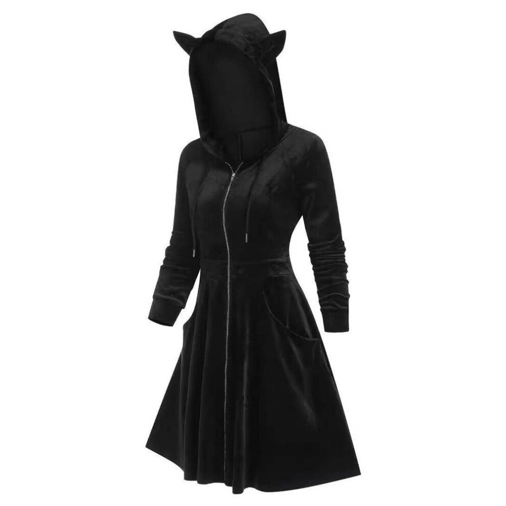 (black, Small) Gothic Style Cat Ear Velvet Hooded Dress - Slim Fit, Plus Size Available