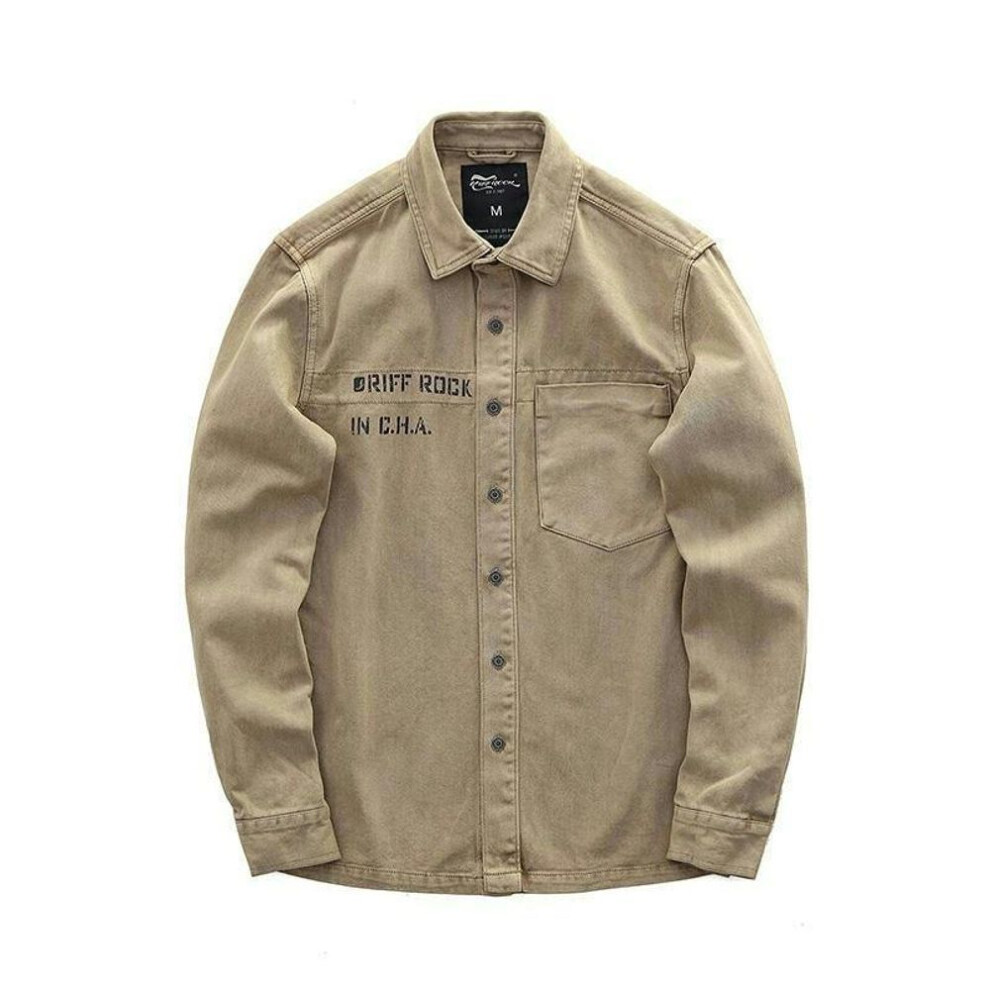 (khaki, XL) Men's Retro Distressed Military-Style Shirt Jacket - Autumn 2023 Casual Top
