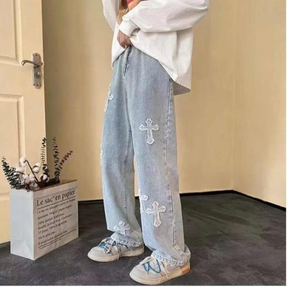 (light blue, 3XL) Men's Vintage Cross-washed Distressed Jeans: Fall/winter Trendy Straight-leg Casual Wear