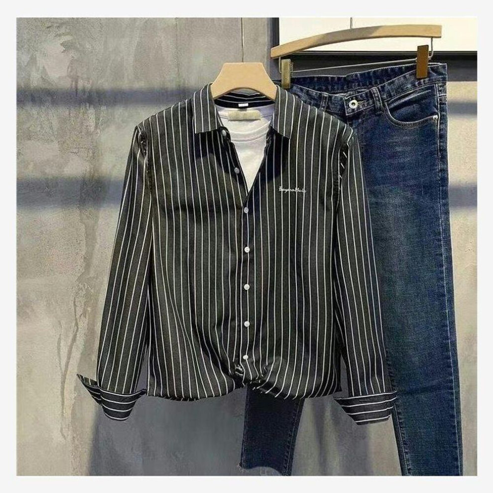 (black, S) Men's Striped Embroidered Long Sleeve Lapel Shirt - Casual, Iron-Free, Slim Fit, Autumn.