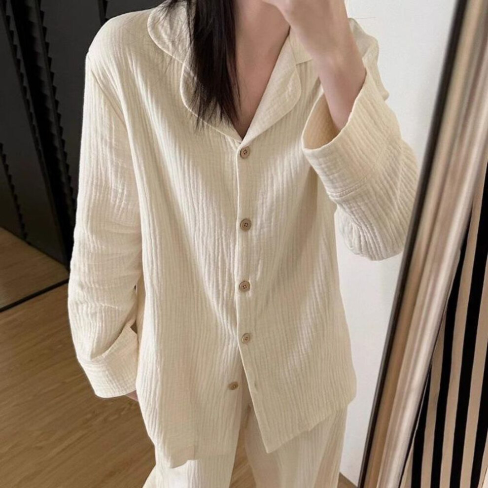 (Large) "Korean Style Soft White Pajamas for Women - Cotton Imitation, Solid Color, Long-Sleeve Cardigan, Large Size - Spring/Autumn