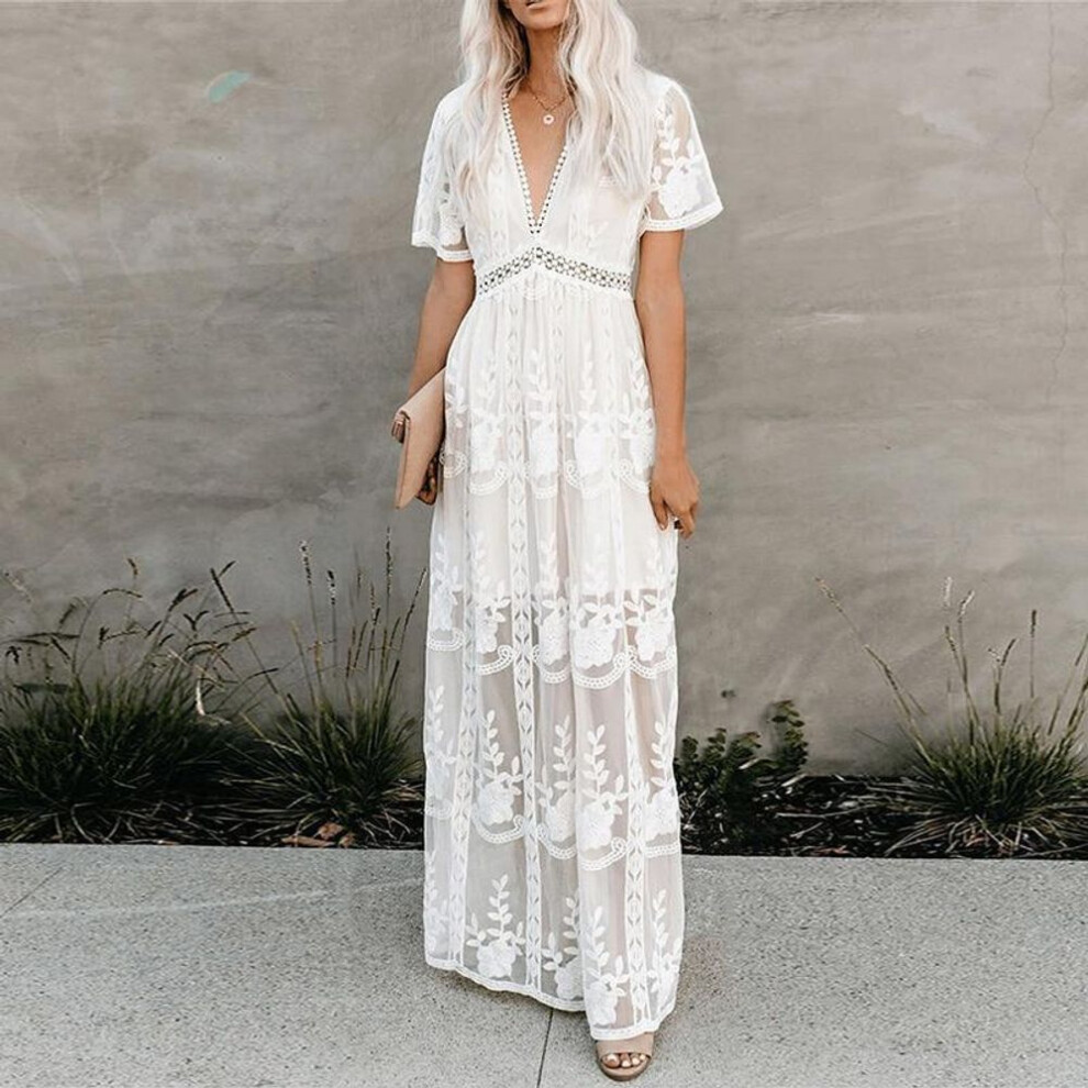 (white, Small) "women's Lace Long Sleeve V-neck Chiffon Dress - Spring/summer 2021
